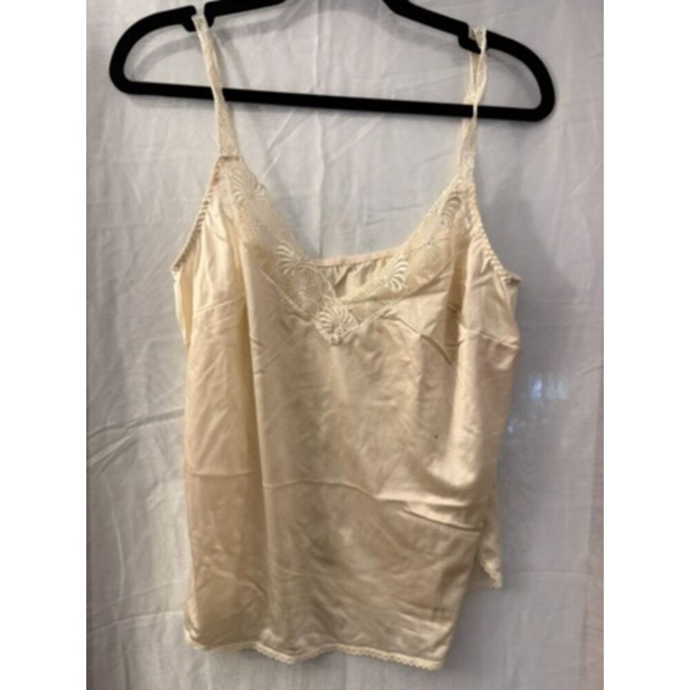 Vintage Cream Satin Look Lace Trim Camisole Top Stained